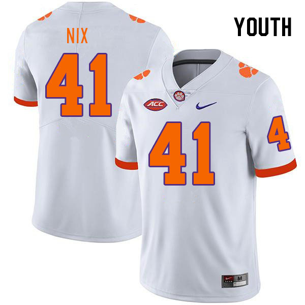 Youth Clemson Tigers Caleb Nix #41 College White NCAA Authentic Football Stitched Jersey 23XE30ON